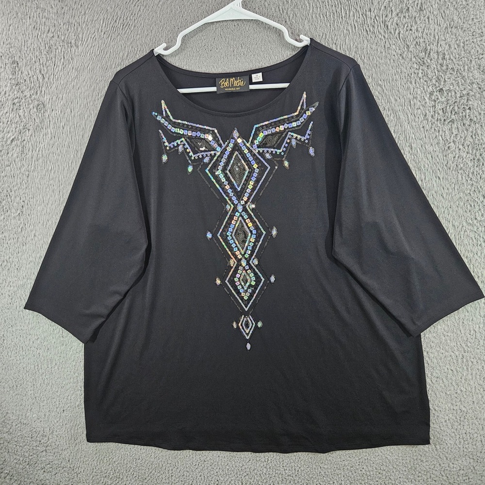 Bob Mackie Wearable Art Black Sequin Top 1X 3/4 Sleeve Iridescent Geometric